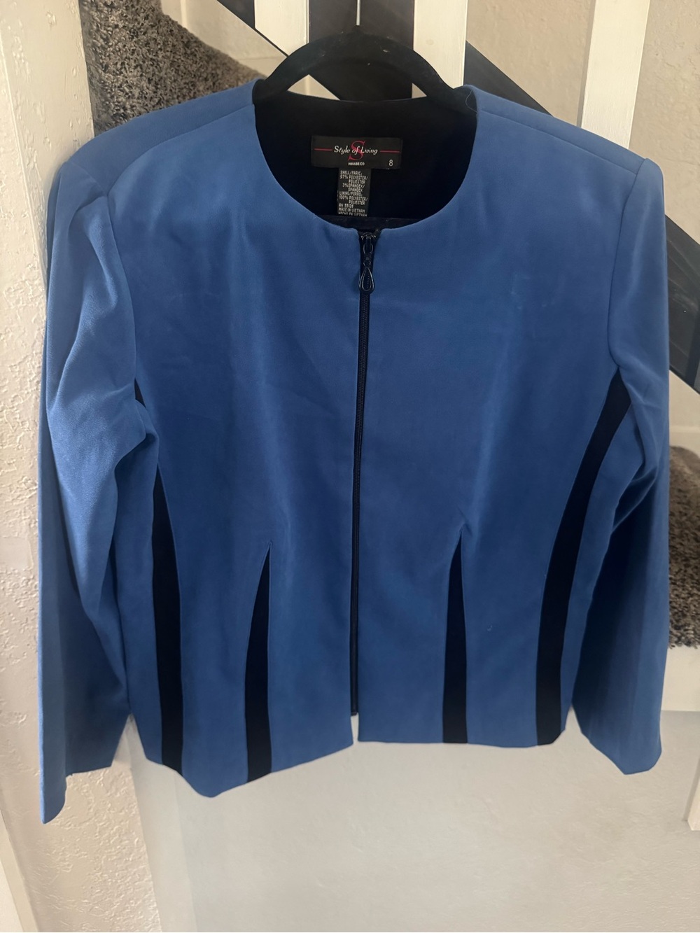 Style of Living 80s Brand Blue Zip-Front Blazer with Black Panel Details